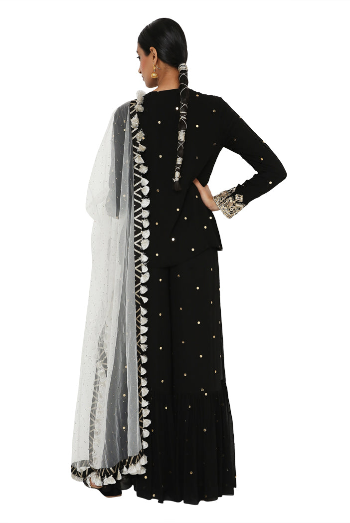 Afsani Black Colour Mukaish Short Kurta With Frill Palazzo And Mukaish Dupatta