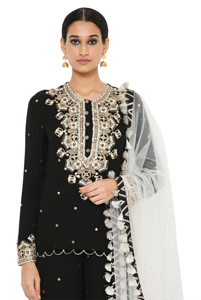 Afsani Black Colour Mukaish Short Kurta With Frill Palazzo And Mukaish Dupatta