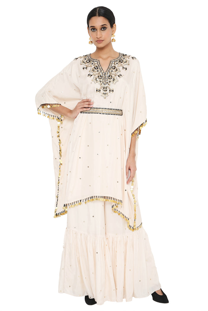 Rima Stone Colour Embroidered Kaftan And Sharara With Belt