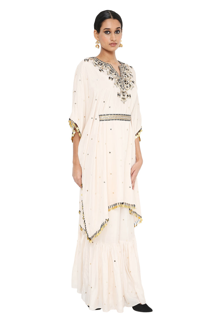 Rima Stone Colour Embroidered Kaftan And Sharara With Belt