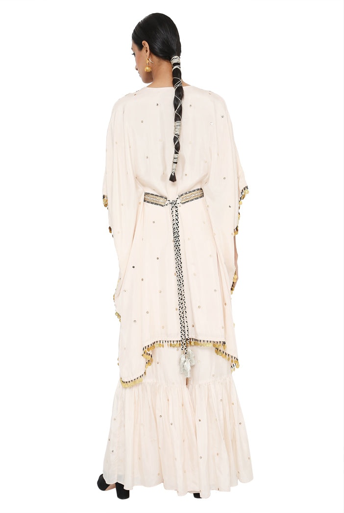Rima Stone Colour Embroidered Kaftan And Sharara With Belt