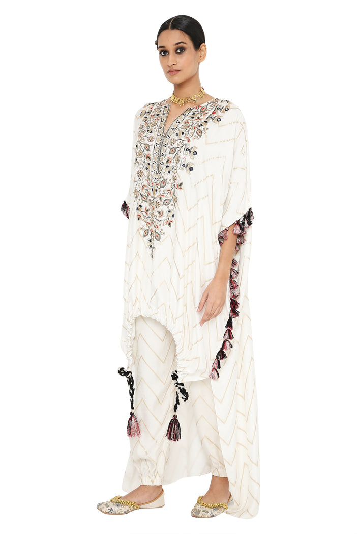 Rubina Off White Colour Banarasi High Low Kaftan With Jogger Pant