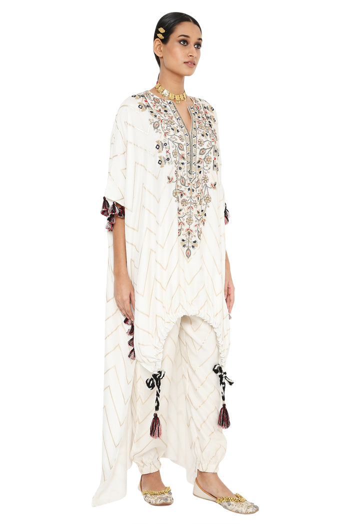 Rubina Off White Colour Banarasi High Low Kaftan With Jogger Pant