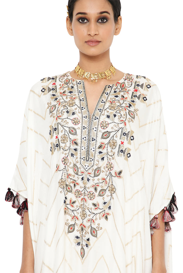 Rubina Off White Colour Banarasi High Low Kaftan With Jogger Pant
