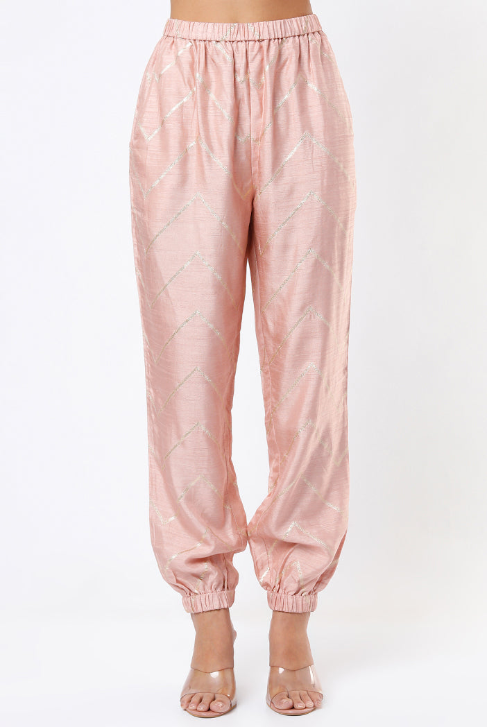 Rose Pink Zig Zag Banarasi High Low Kaftan Top With Jogger Pants