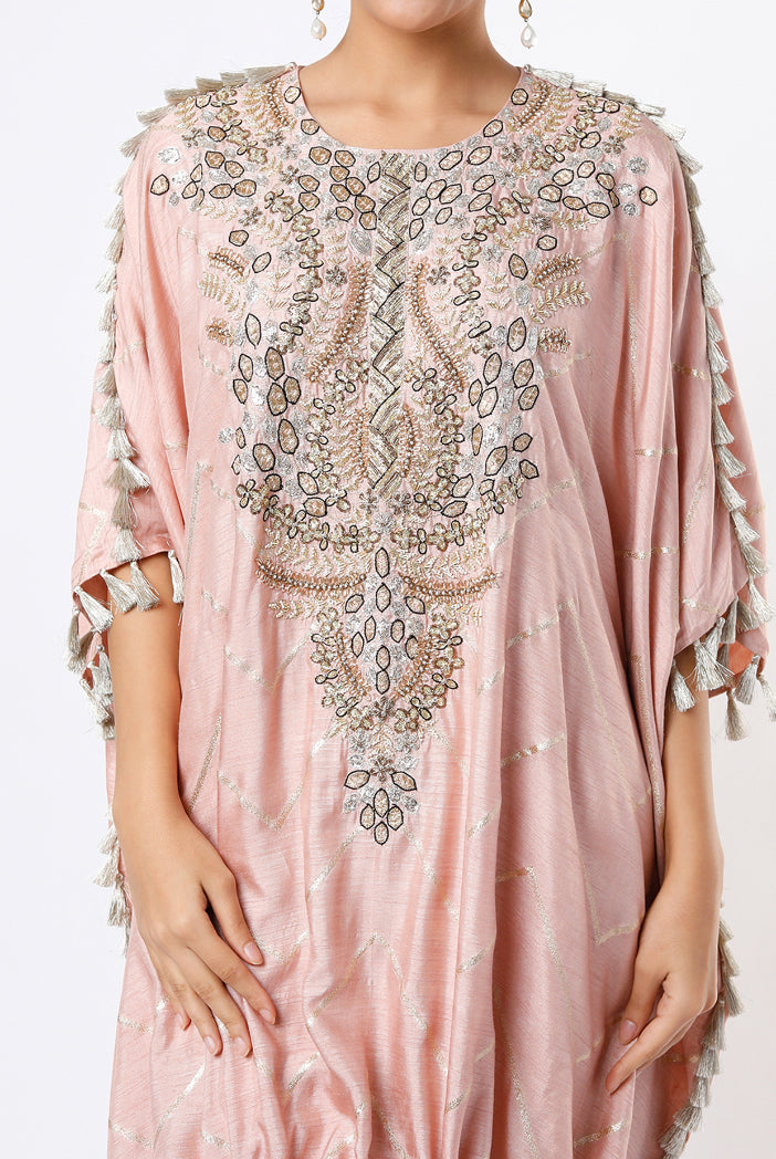 Rose Pink Zig Zag Banarasi High Low Kaftan Top With Jogger Pants