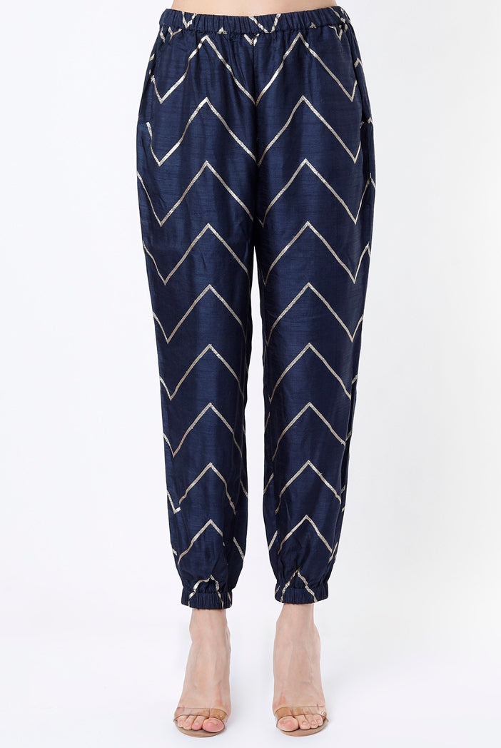 Navy Zig Zag Banarasi High Low Kaftan Top With Jogger Pants