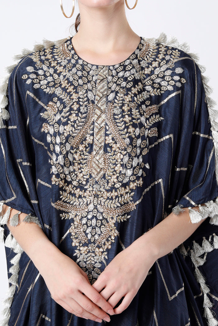 Navy Zig Zag Banarasi High Low Kaftan Top With Jogger Pants
