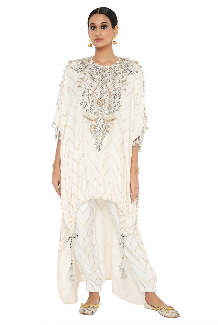 Aahna Off White Colour Banarasi High Low Kaftan With Jogger Pant