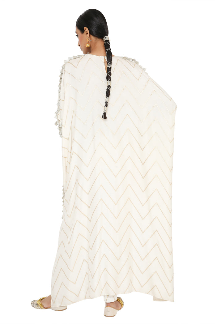 Aahna Off White Colour Banarasi High Low Kaftan With Jogger Pant