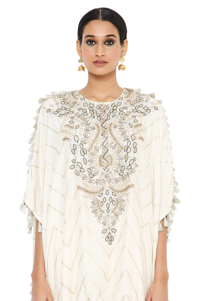 Aahna Off White Colour Banarasi High Low Kaftan With Jogger Pant