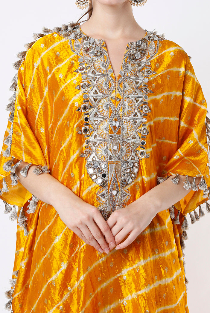 Mustard Silk Lehriya Bandhani Embroidered Kaftan And Palazzo