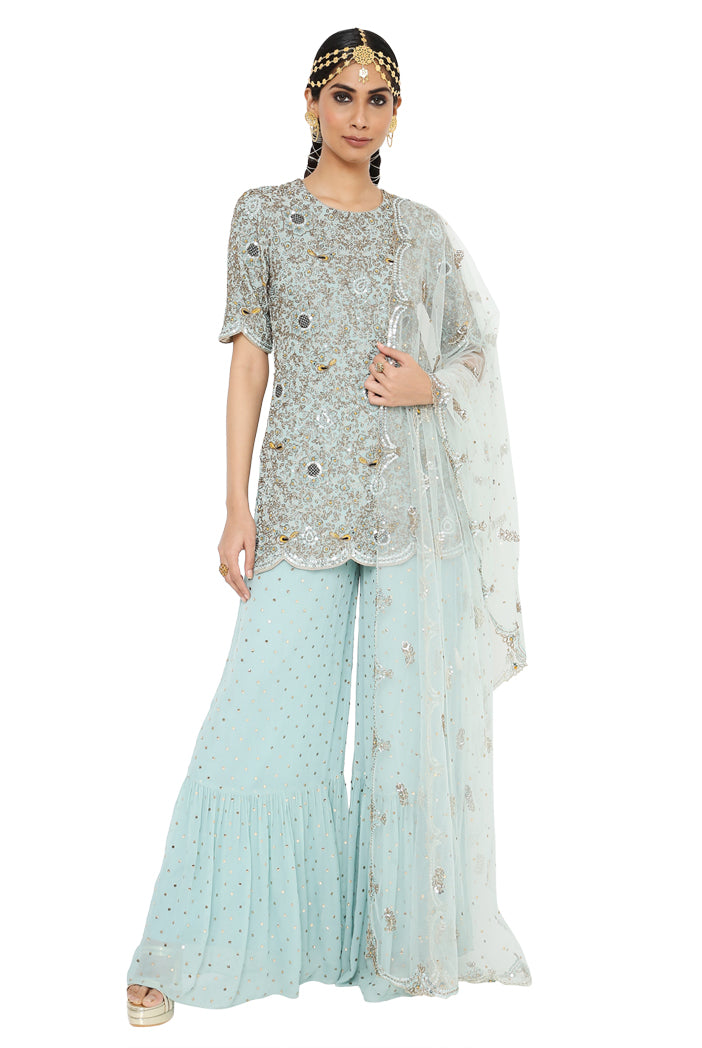 Henna Powder Blue Colour Georgette Embroidered Kurta With Dot Mukaish Georgette Sharara And Dot Mukaish Net Dupatta