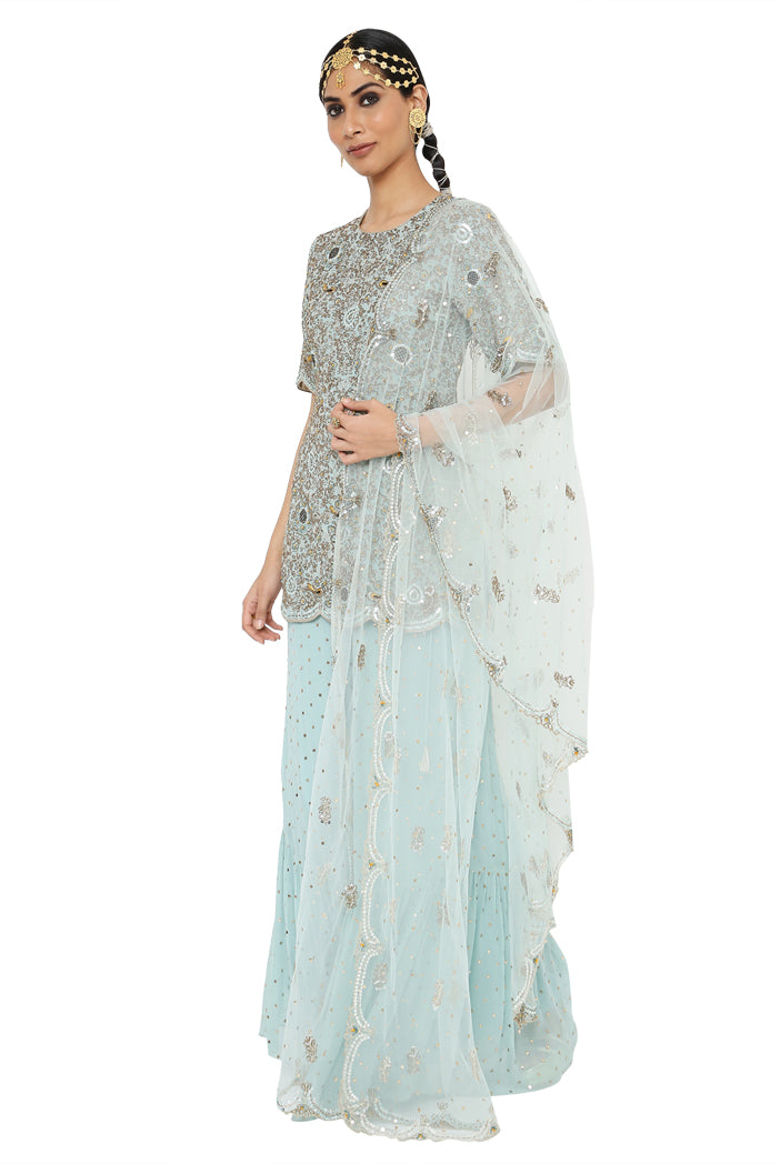 Henna Powder Blue Colour Georgette Embroidered Kurta With Dot Mukaish Georgette Sharara And Dot Mukaish Net Dupatta