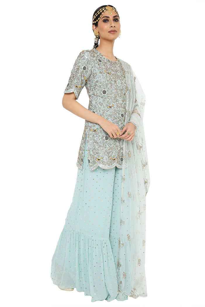 Henna Powder Blue Colour Georgette Embroidered Kurta With Dot Mukaish Georgette Sharara And Dot Mukaish Net Dupatta