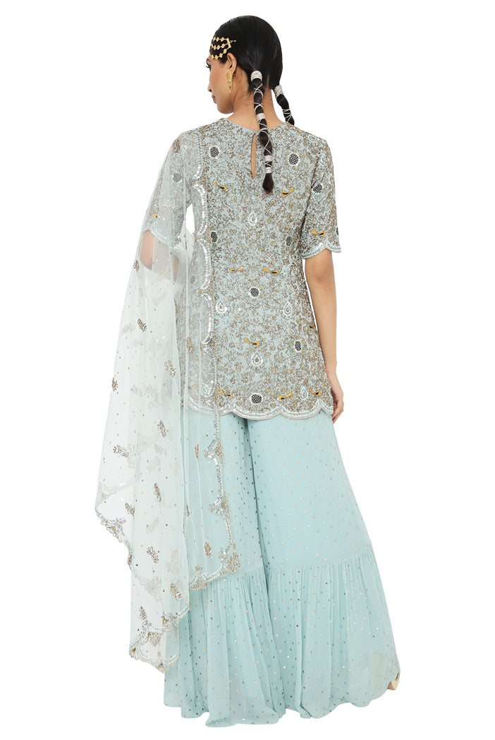 Henna Powder Blue Colour Georgette Embroidered Kurta With Dot Mukaish Georgette Sharara And Dot Mukaish Net Dupatta