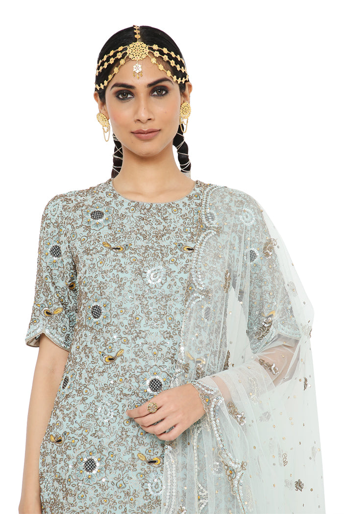 Henna Powder Blue Colour Georgette Embroidered Kurta With Dot Mukaish Georgette Sharara And Dot Mukaish Net Dupatta