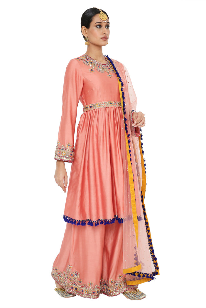 Tahira Coral Colour Embroidered Short Anarkali With Palazzo And Dupatta
