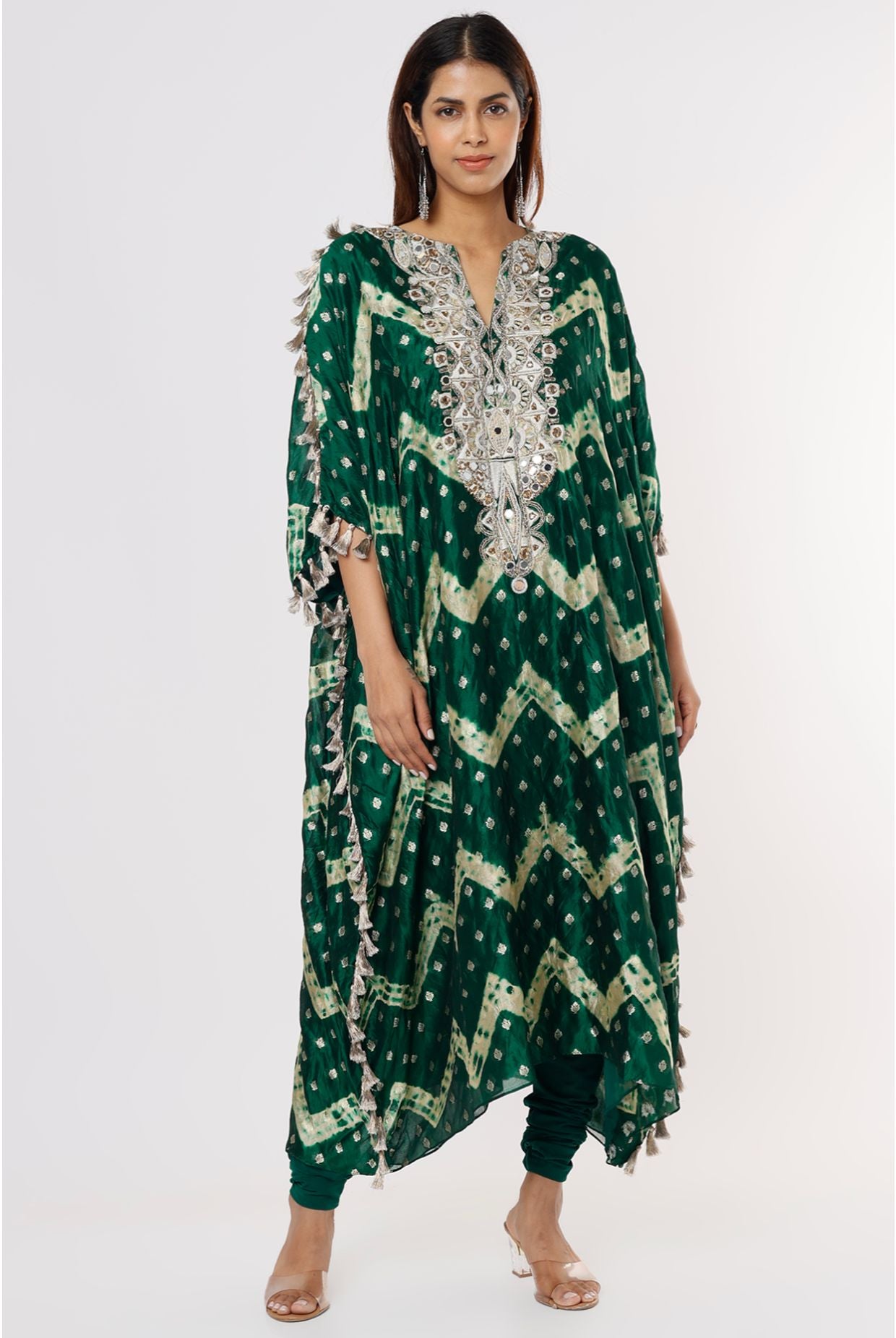 Green Leheriya Bandhani Silk Embroidered Kurta With Soft Net Churidar