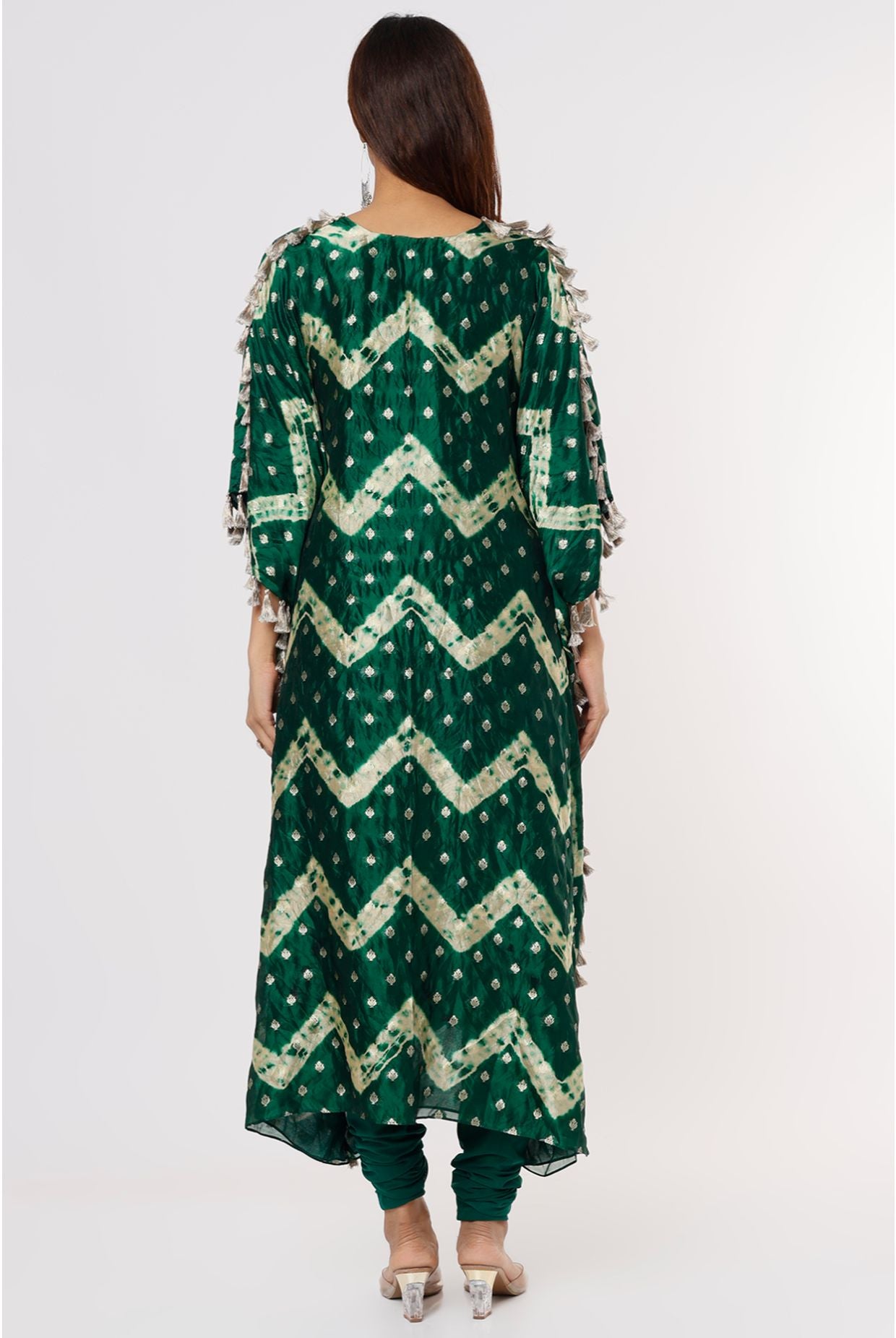Green Leheriya Bandhani Silk Embroidered Kurta With Soft Net Churidar