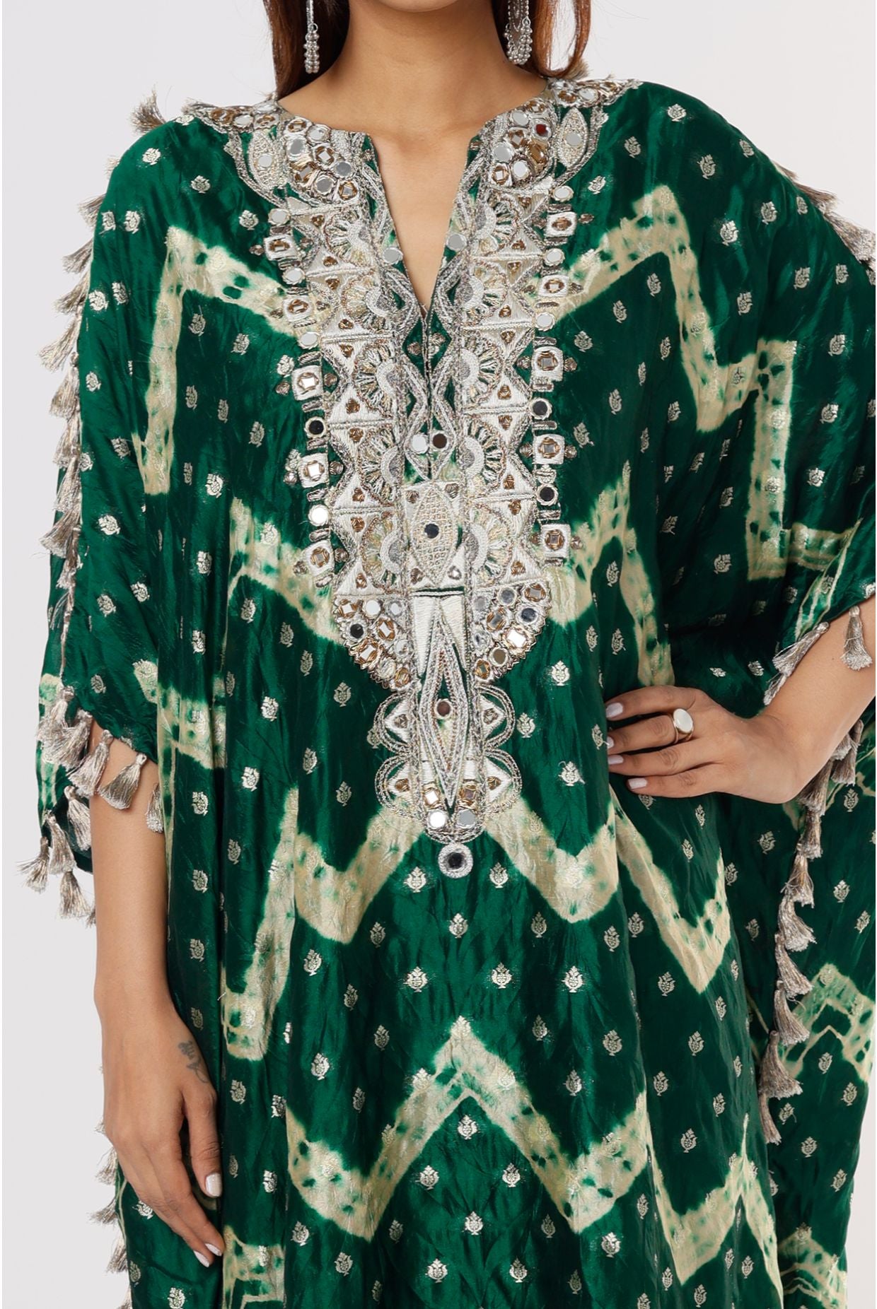 Green Leheriya Bandhani Silk Embroidered Kurta With Soft Net Churidar