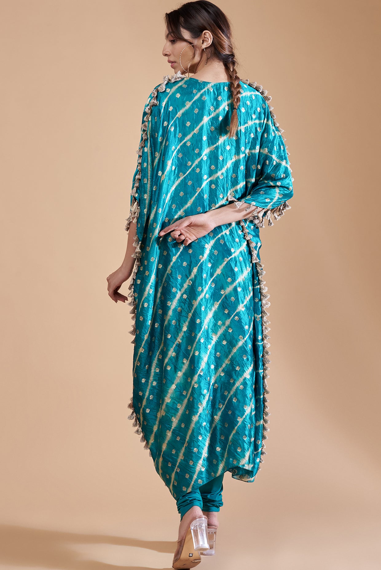 Teal Blue Embroidered Yoke Kaftan With Soft Net Churidar