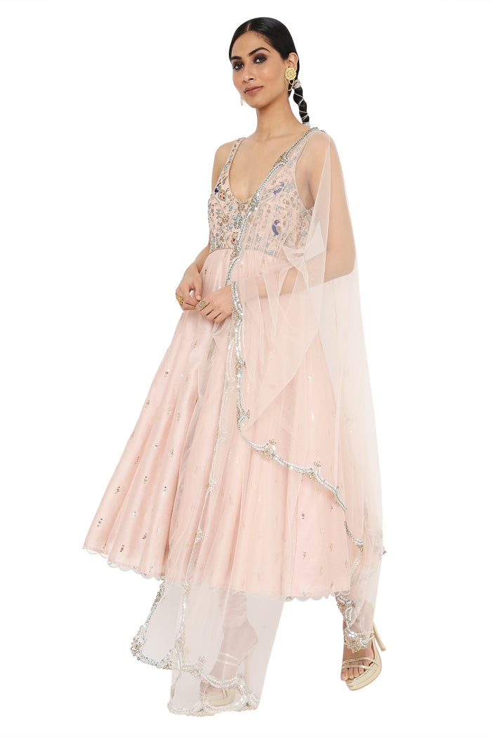 Hoor Rose Pink Colour Embroidered Anarkali With Churidar And Net Dupatta