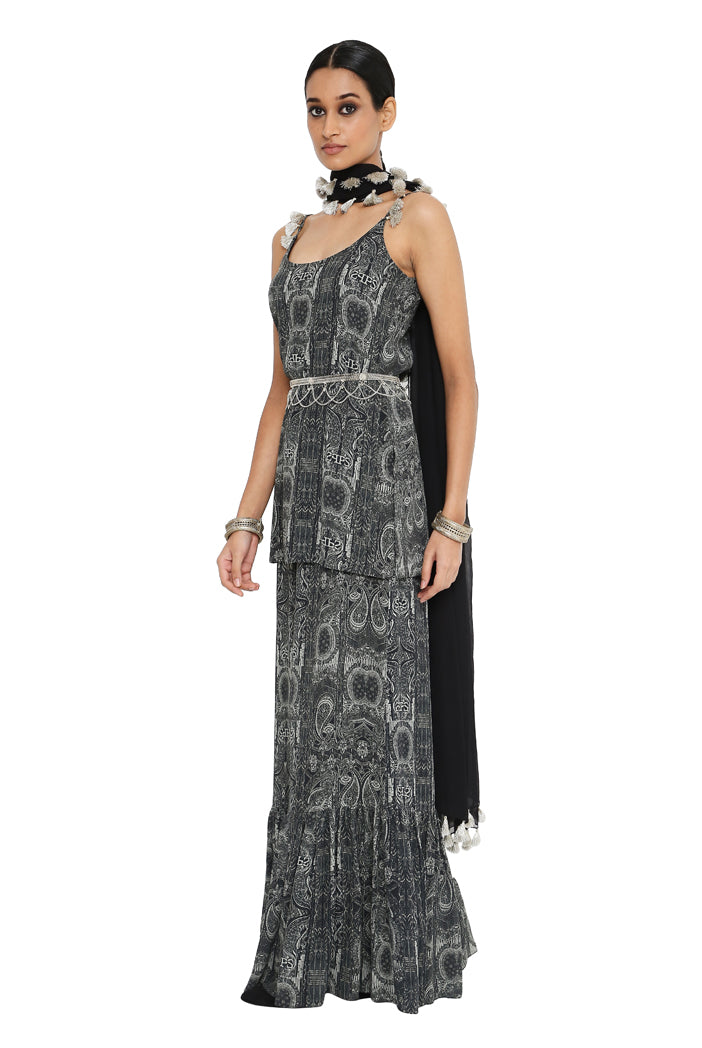 Aamna Printed Georgette Kurta With Frill Sharara And Black Colour Dupatta