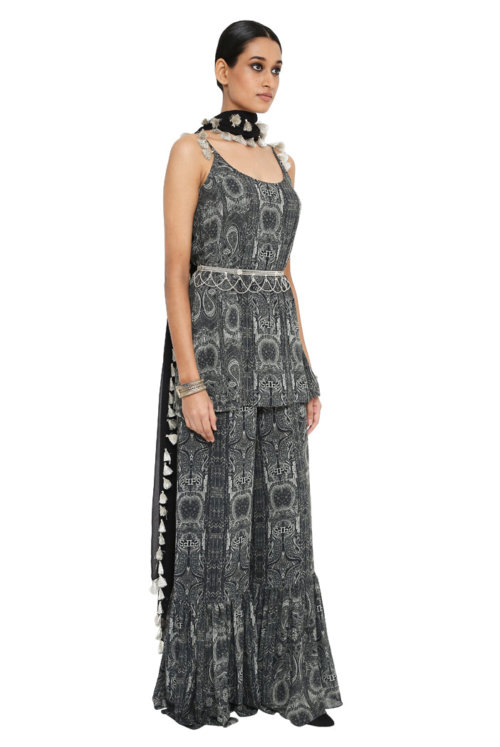 Aamna Printed Georgette Kurta With Frill Sharara And Black Colour Dupatta