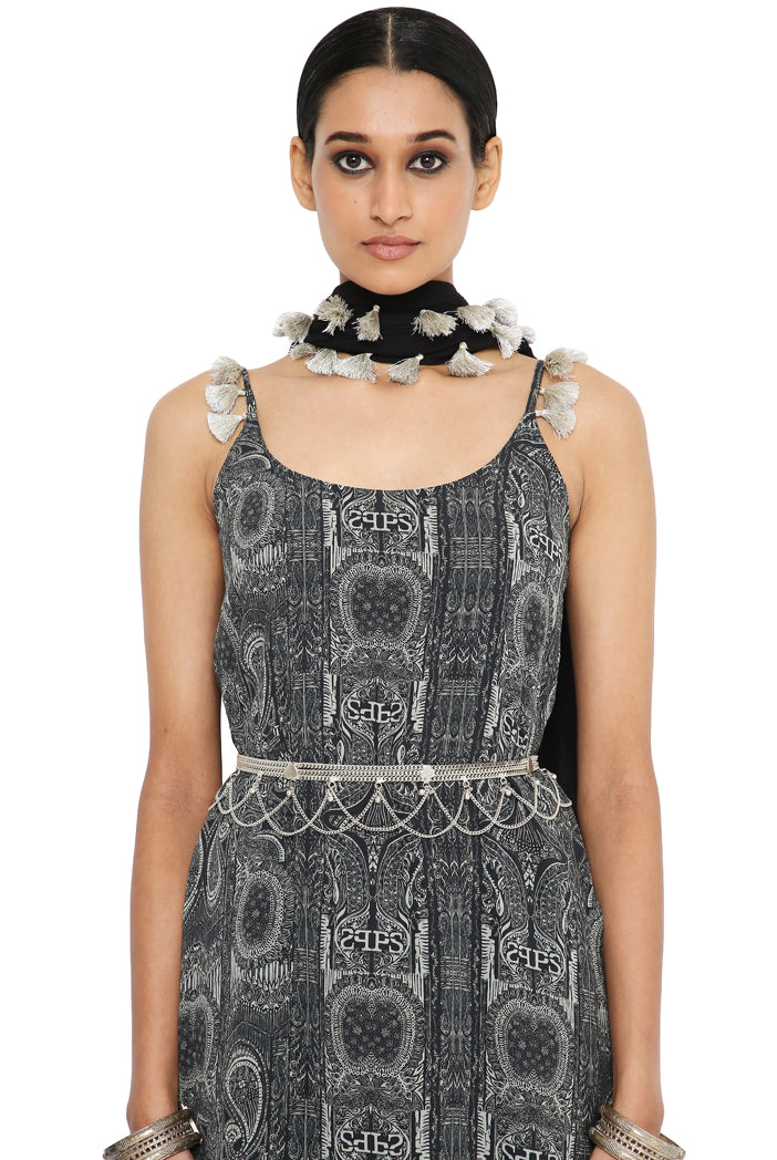 Aamna Printed Georgette Kurta With Frill Sharara And Black Colour Dupatta