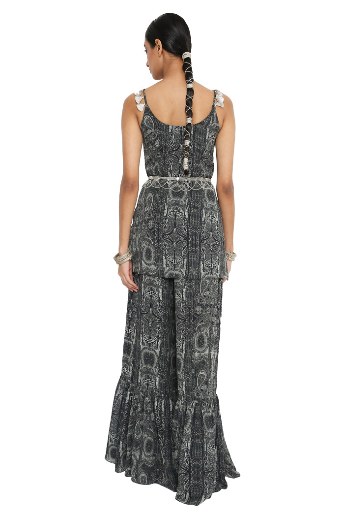 Aamna Printed Georgette Kurta With Frill Sharara And Black Colour Dupatta