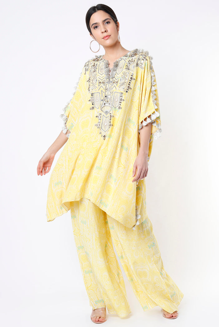 Yellow PS Print Crepe Embroidered Yoke Short Kaftan And Palazzo