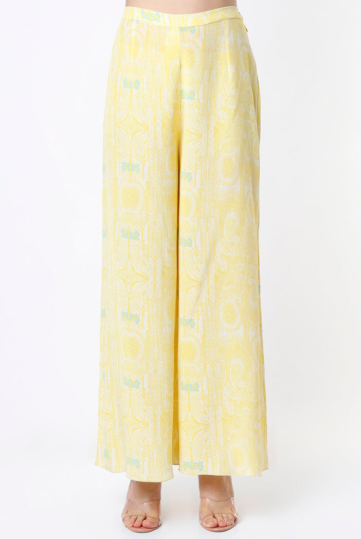Yellow PS Print Crepe Embroidered Yoke Short Kaftan And Palazzo