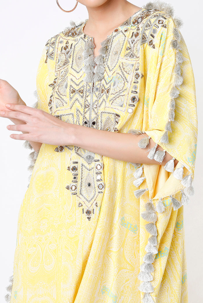 Yellow PS Print Crepe Embroidered Yoke Short Kaftan And Palazzo
