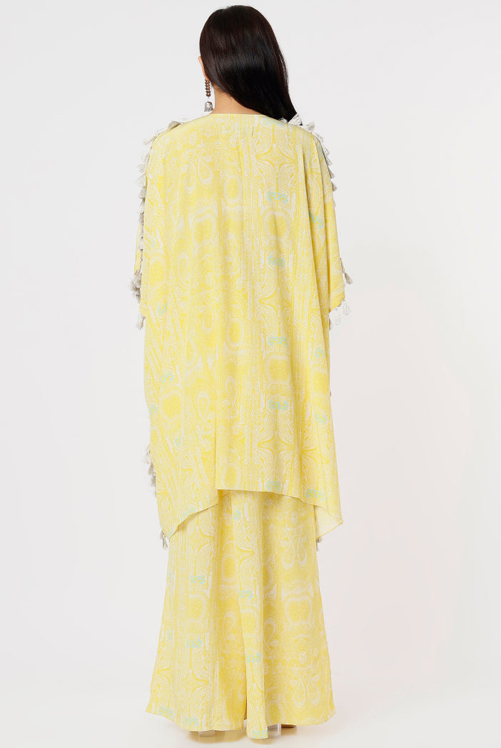 Yellow PS Print Crepe Embroidered Yoke Short Kaftan And Palazzo