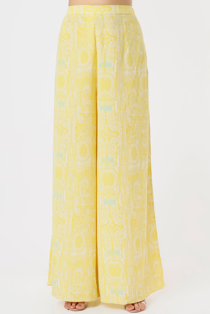 Yellow PS Print Crepe Embroidered Yoke Short Kaftan And Palazzo