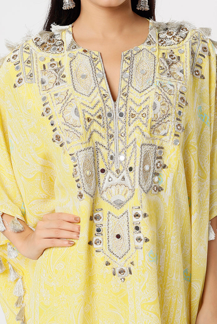 Yellow PS Print Crepe Embroidered Yoke Short Kaftan And Palazzo