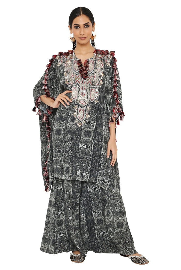 Salima Printed Crepe Embroidered Short Kaftan With Palazzo
