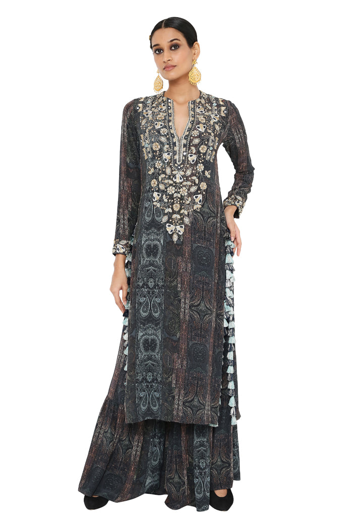 Amaira Printed Crepe Embroidered Backless Kurta With Sharara