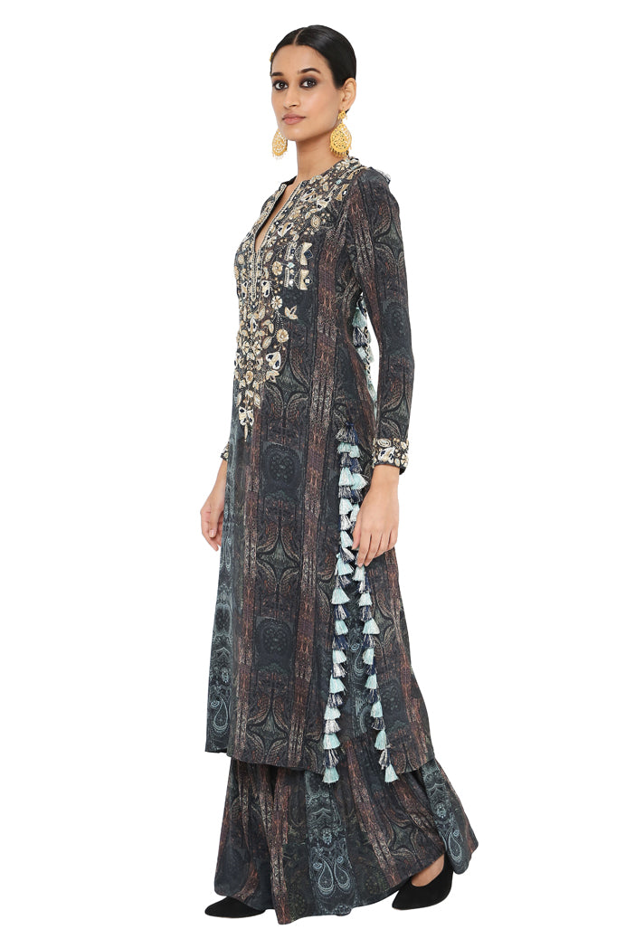 Amaira Printed Crepe Embroidered Backless Kurta With Sharara
