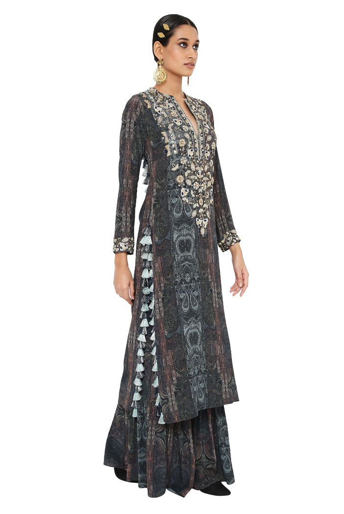 Amaira Printed Crepe Embroidered Backless Kurta With Sharara