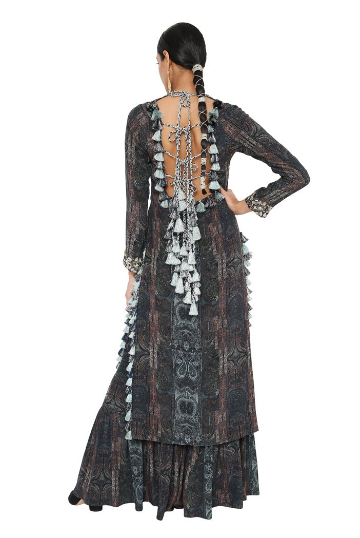 Amaira Printed Crepe Embroidered Backless Kurta With Sharara
