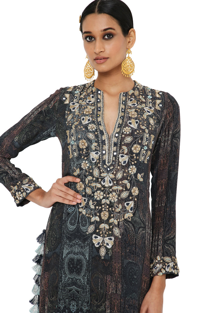 Amaira Printed Crepe Embroidered Backless Kurta With Sharara