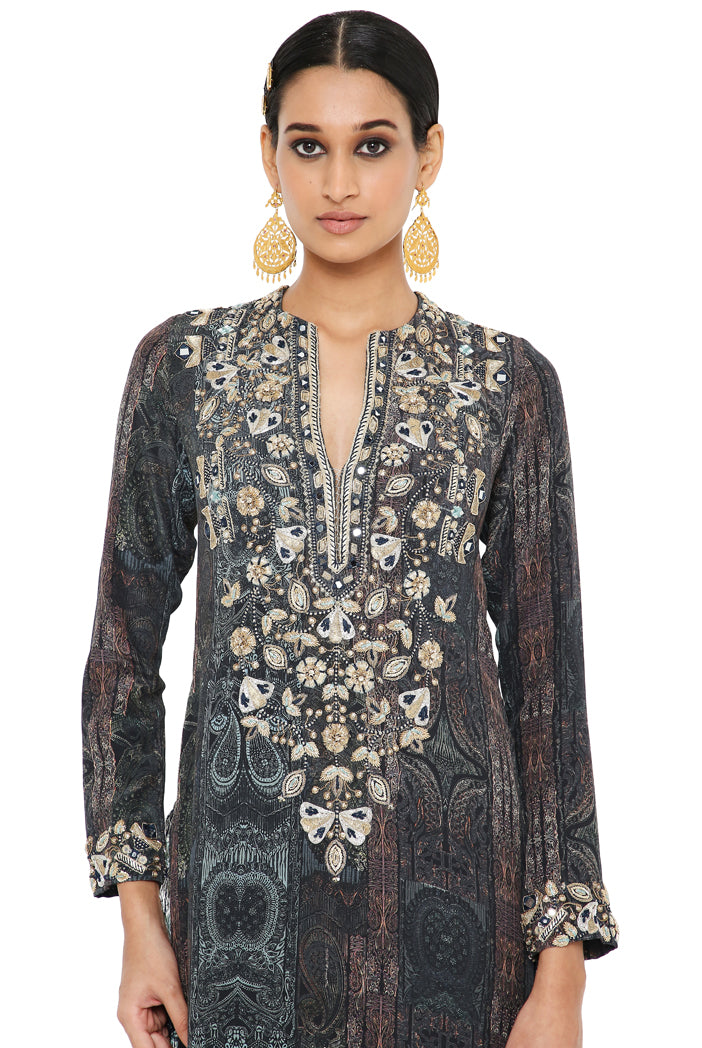 Amaira Printed Crepe Embroidered Backless Kurta With Sharara