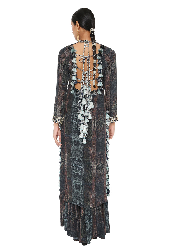Amaira Printed Crepe Embroidered Backless Kurta With Sharara