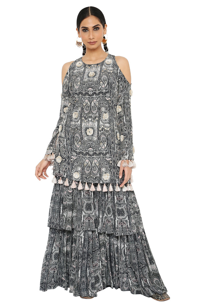 Kaina Printed Crepe Embroidered Kurta With Sharara