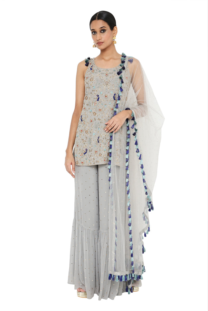Masoon Grey Colour Georgette Embroidered Kurta With Dot Mukaish Georgette Sharara And Dot Mukaish Net Dupatta