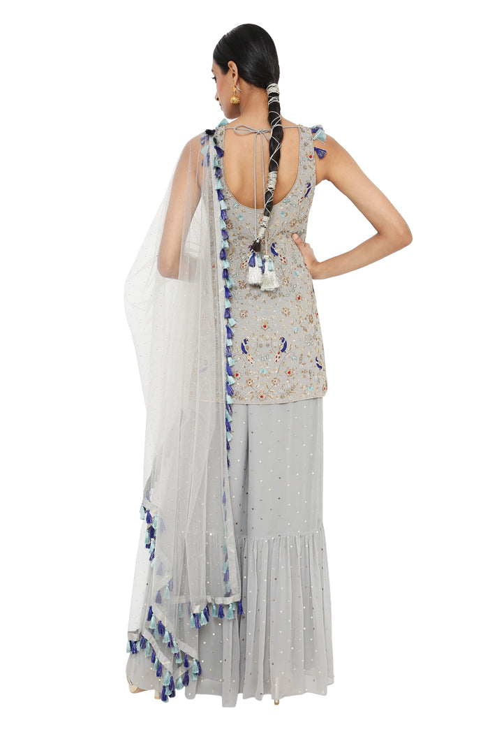 Masoon Grey Colour Georgette Embroidered Kurta With Dot Mukaish Georgette Sharara And Dot Mukaish Net Dupatta