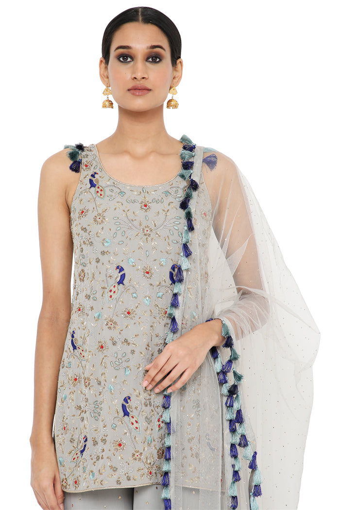 Masoon Grey Colour Georgette Embroidered Kurta With Dot Mukaish Georgette Sharara And Dot Mukaish Net Dupatta