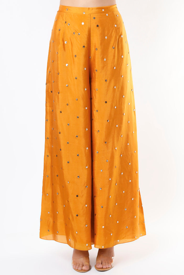 Mustard Dot Abutai Mukaish Silk Kaftan And Palazzo